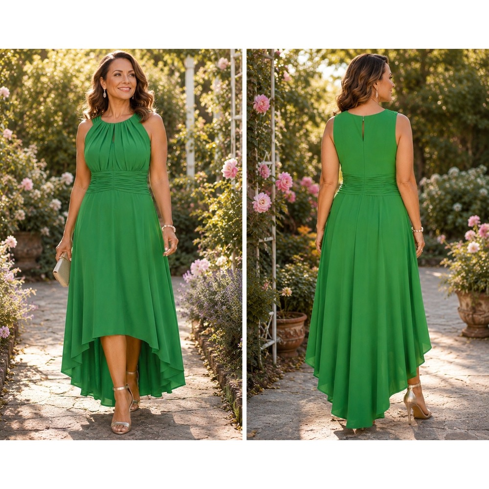 Sangria Green High Low Midi Dress 12 Ruched Waist Sleeveless Green Cocktail Chic